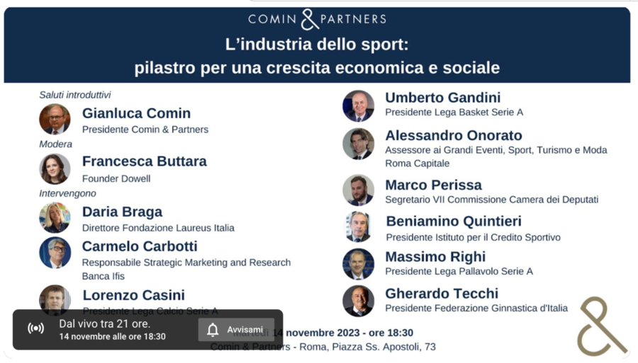 Eventi. &quot;L'industria dello sport: pilastro per una crescita economica e sociale&quot;