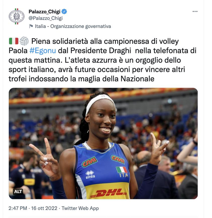 Mondiale 2022 F.: Il Presidente del Consiglio Mario Draghi esprime solidarietà a Paola Egonu