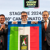 Da sinistra Maurizio Giglioli, Direttore Marketing di Credem Banca, Gino Sirci presidente di Perugia campione d'Italia, Massimo Righi Presidente di Lega